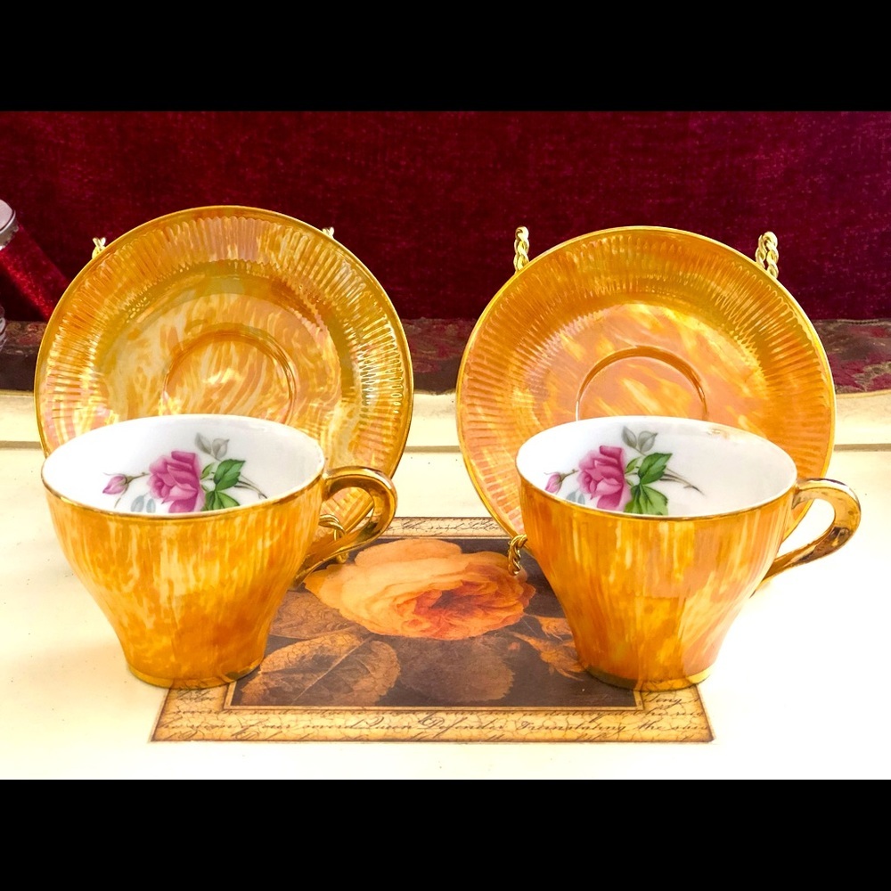 Set of Two Fine Bone China Teacup & Saucers Made in Japan Mother-of-Pearl